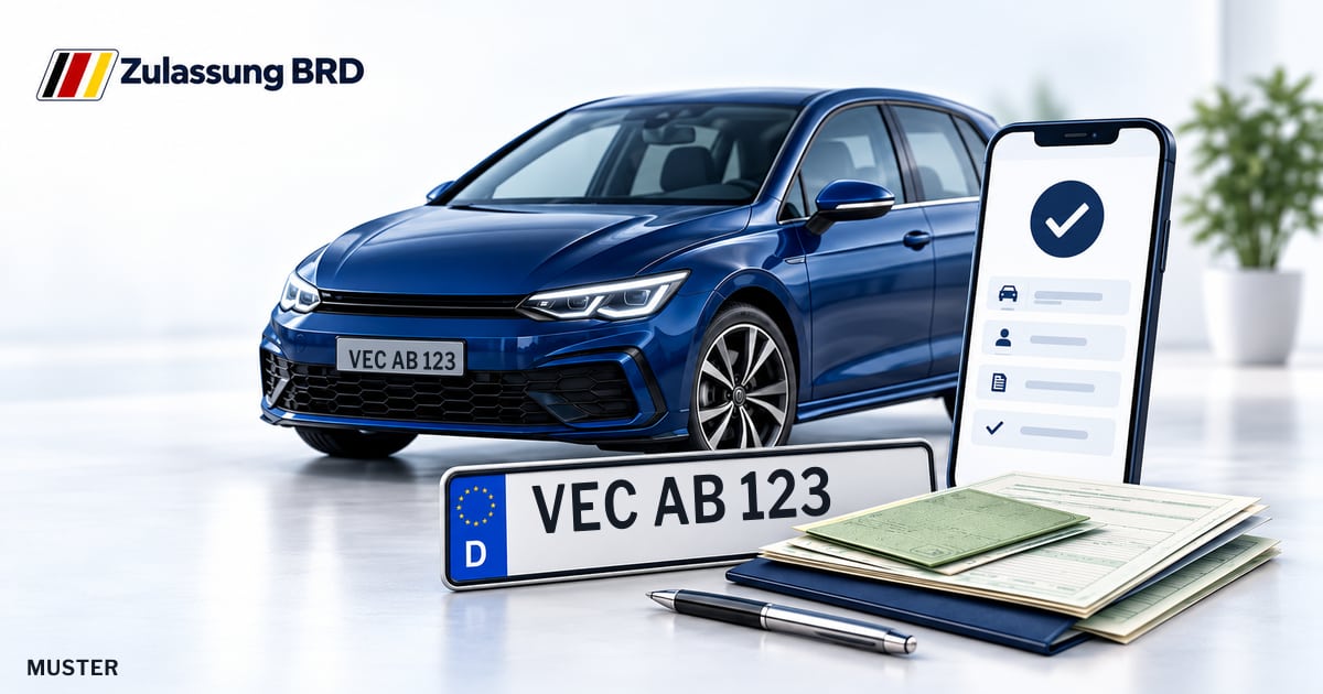 Online Fahrzeugzulassung in Steinfeld (Oldenburg): Musterkennzeichen VEC AB 123, Auto und Fahrzeugpapiere und Smartphone. Illustration mit Logo von Zulassung BRD.
